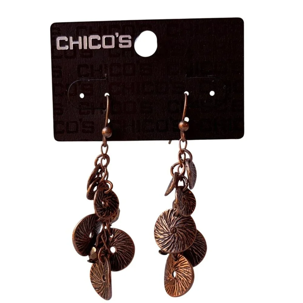 Vintage 1990s Chico’s Copper Medallion Cluster Dangle Earrings‎ Amber Beads NOS